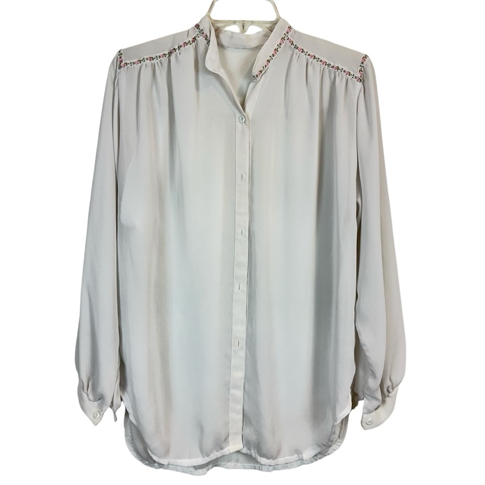 Vintage Renaissance Edwardian Feminine White Blouse with Pink flower Trim Size L